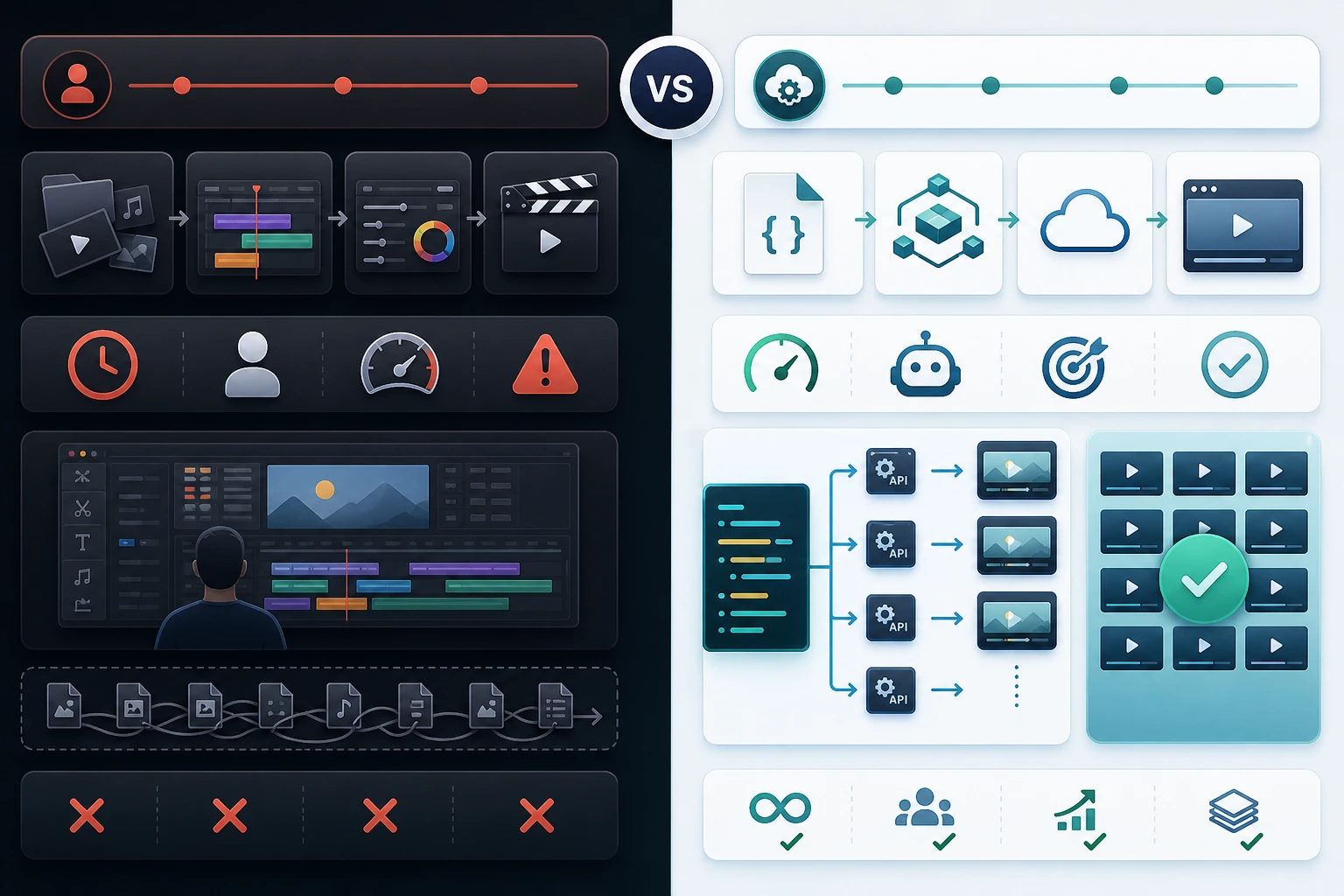 Comparison chart of manual video editing versus generating videos from JSON