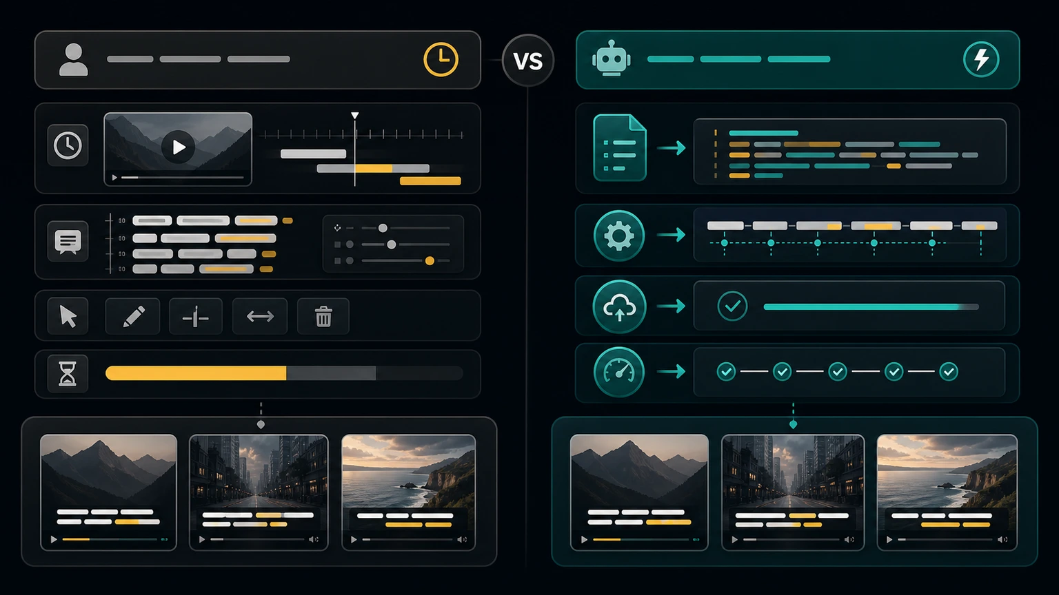Comparison chart showing manual subtitle editing versus JSON-driven video subtitles through an API