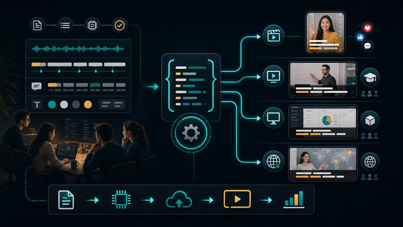 Use-case illustration for teams generating captioned videos from JSON with the Zvid API