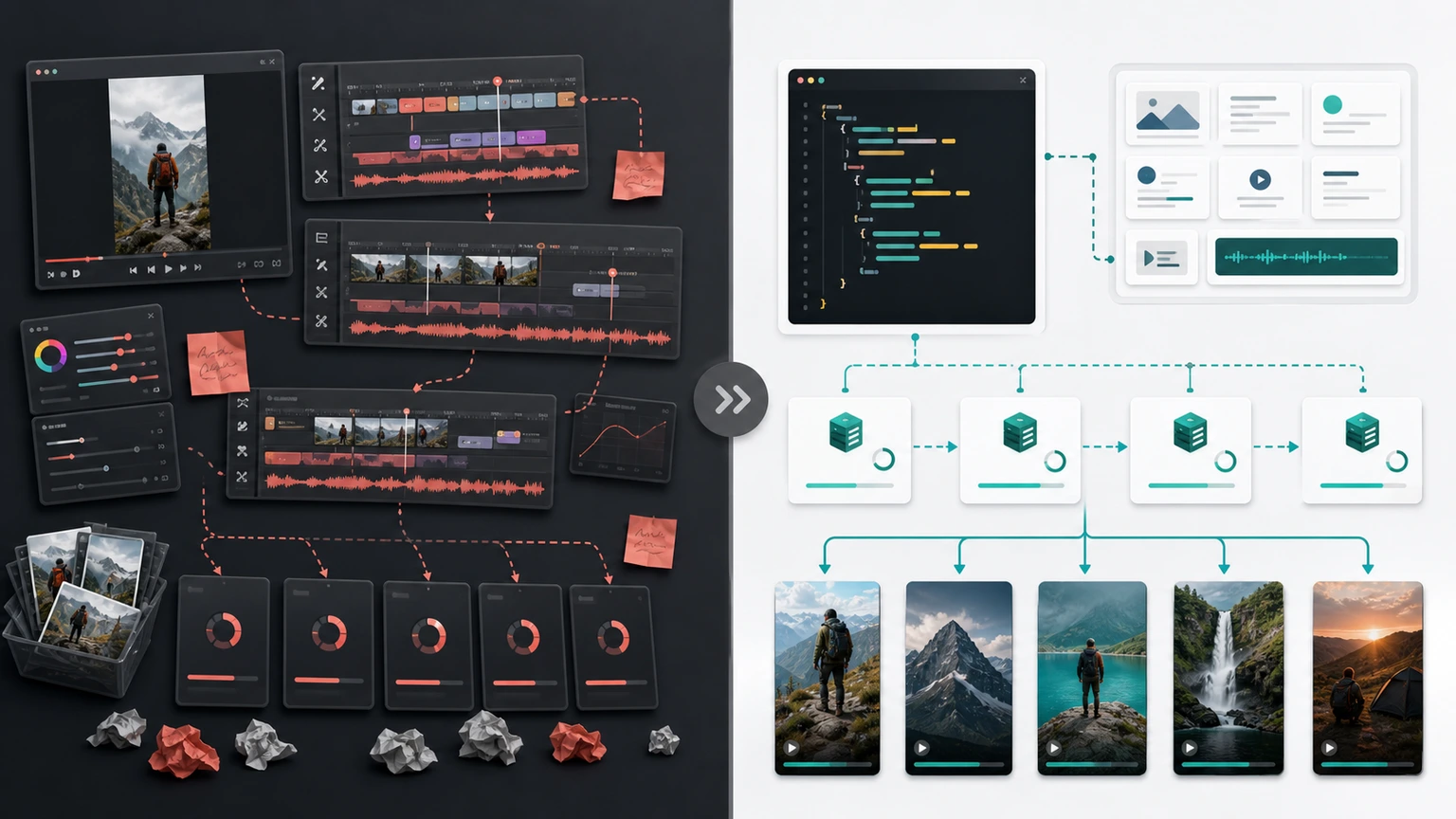 Comparison of manual short-form video editing and JSON template automation