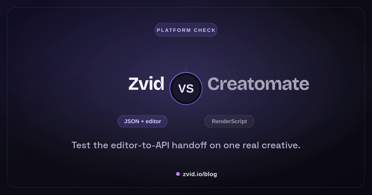 Zvid-rendered comparison of Zvid and Creatomate for Creatomate Alternative For Programmatic Video Generation