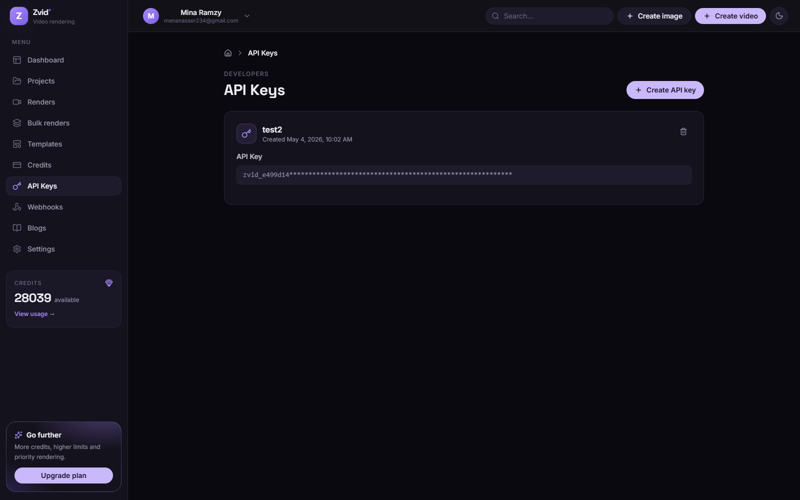 API keys with usage stats