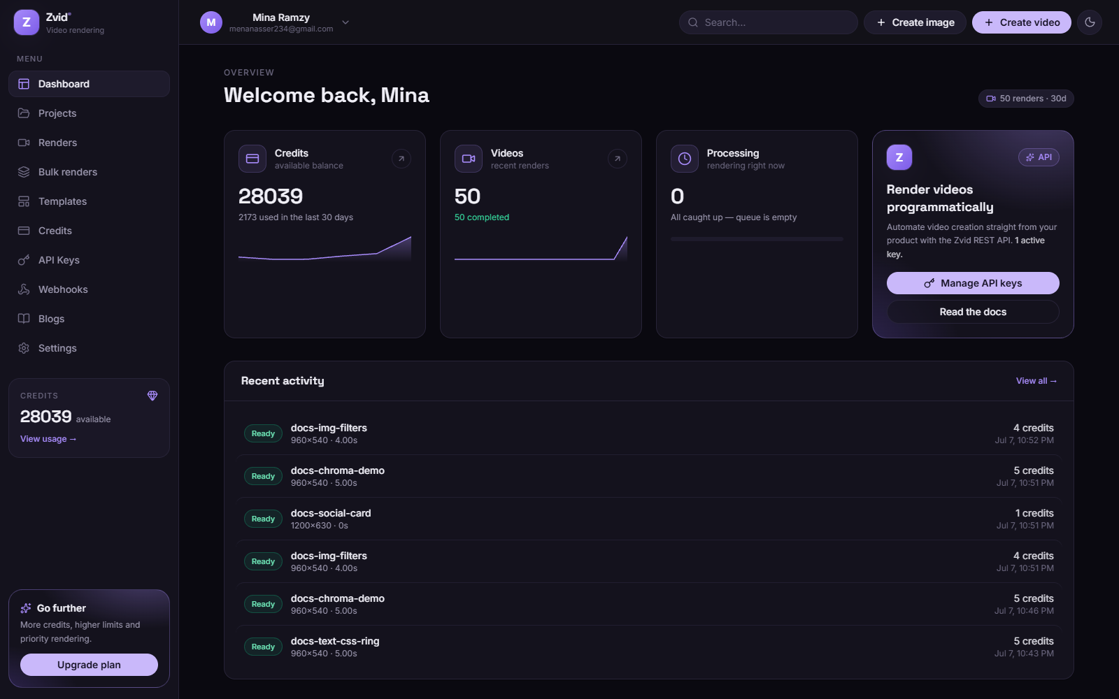 The dashboard home: credits, recent renders, and quick actions