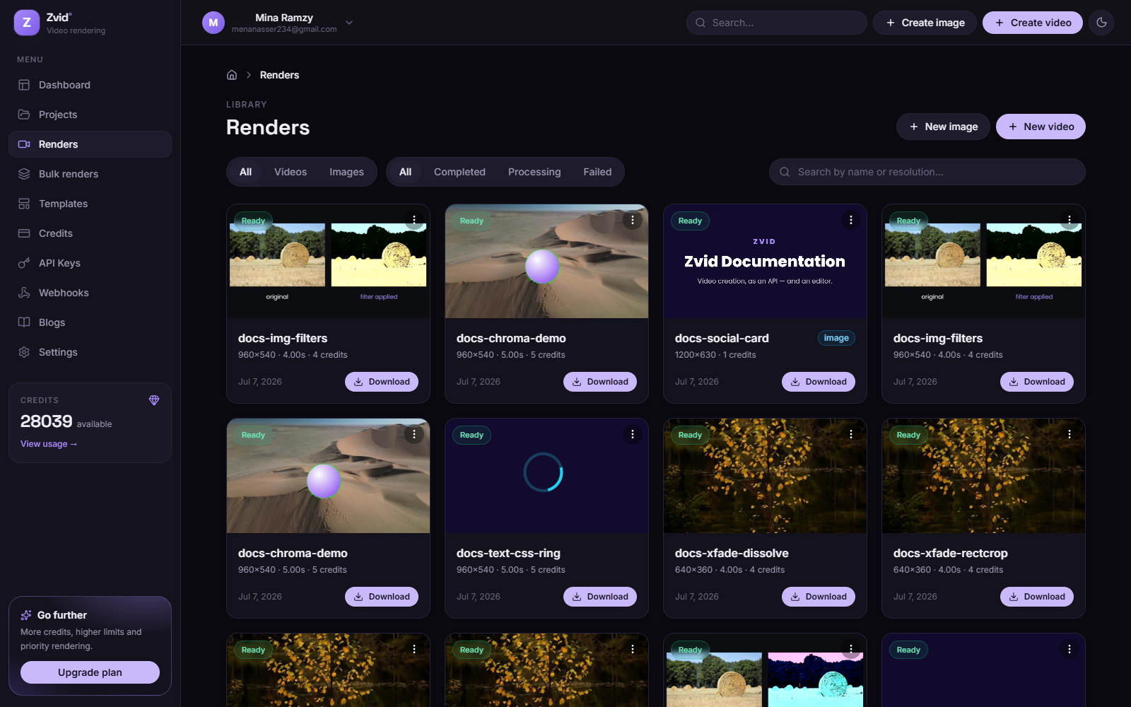 Render history with status, duration, and credits