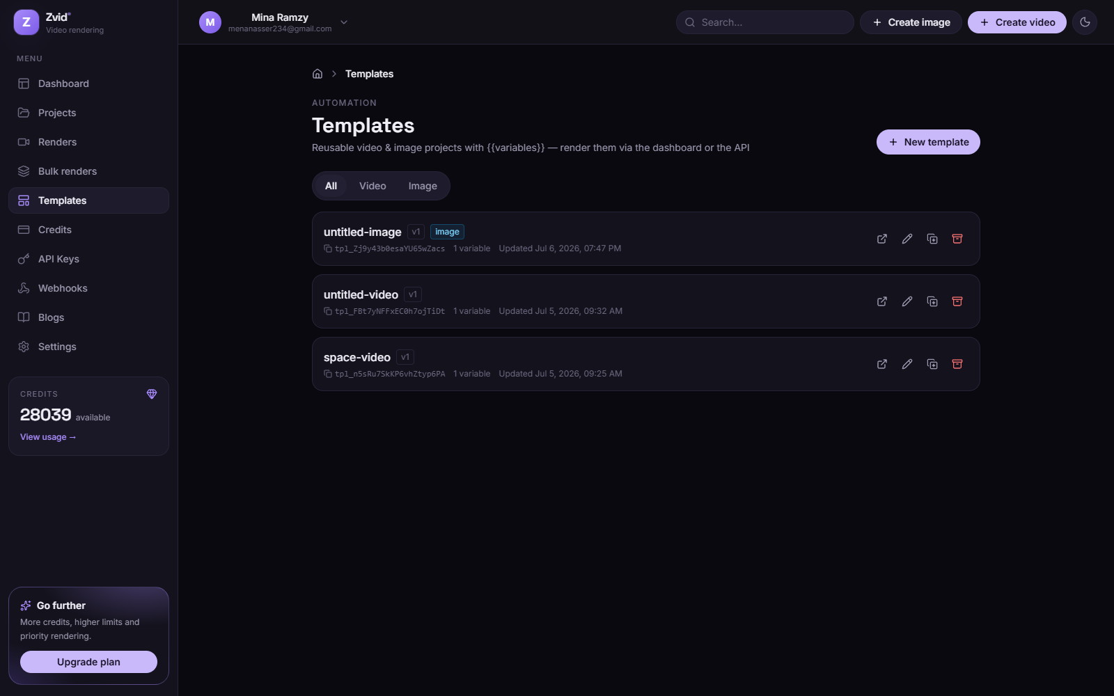 Templates with their tpl_ ids