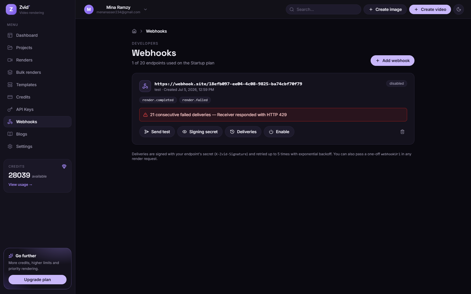 Registered webhooks and their delivery logs