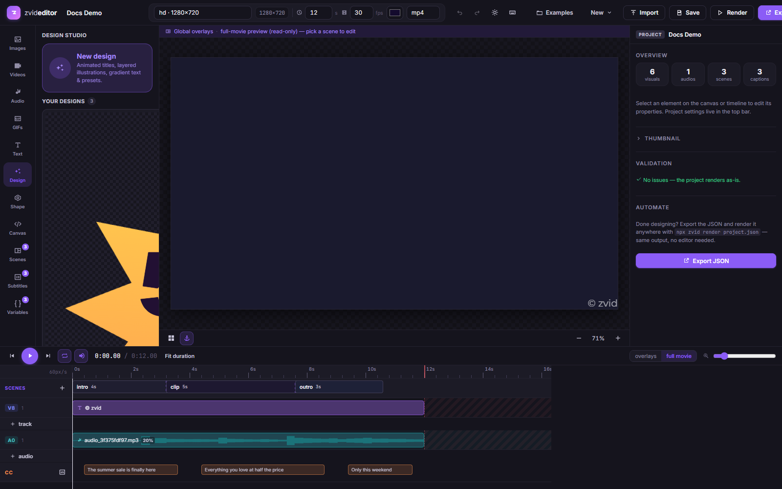 The Design tab: your saved designs and the Design Studio entry