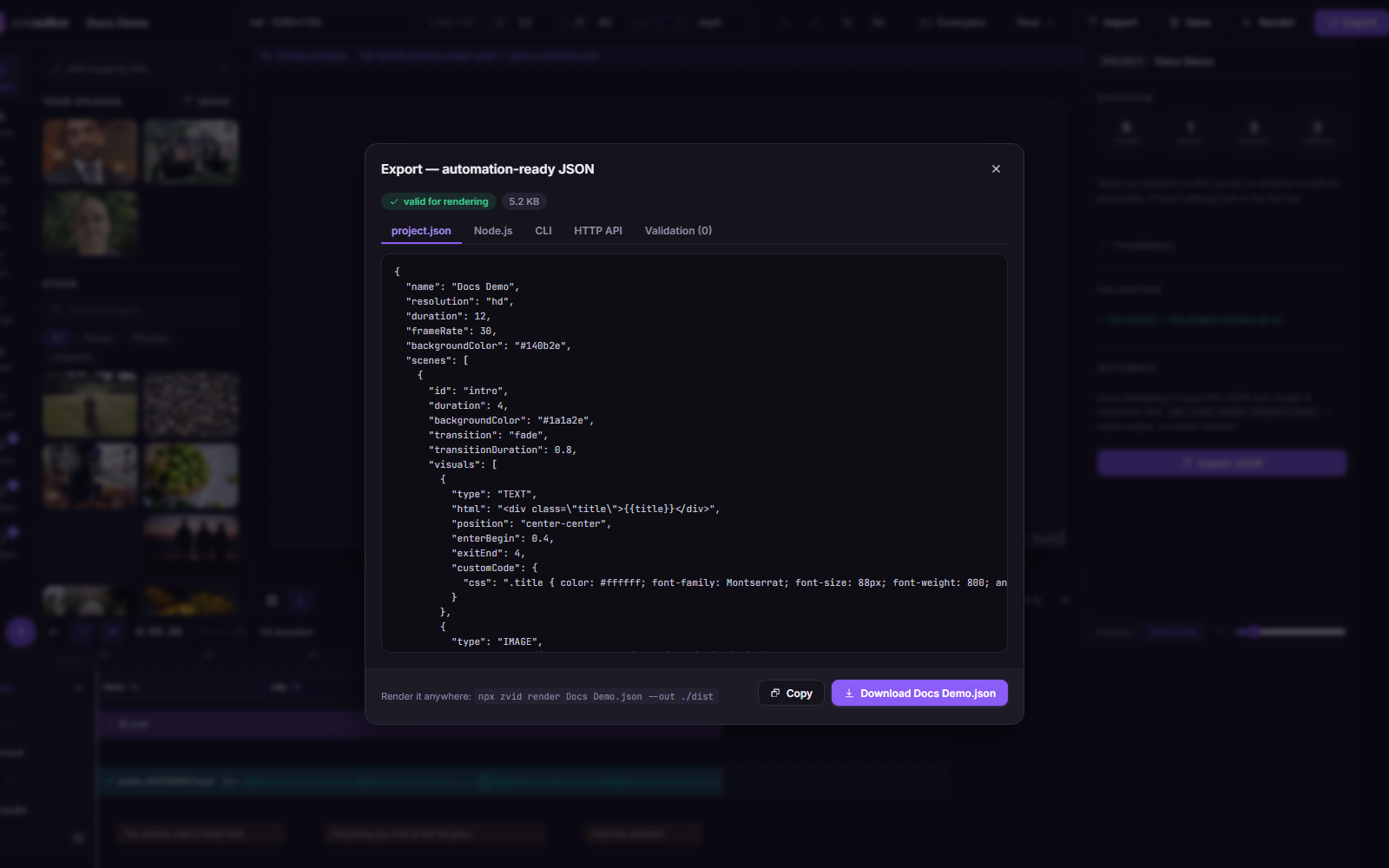 Export modal — the payload plus ready-made code snippets