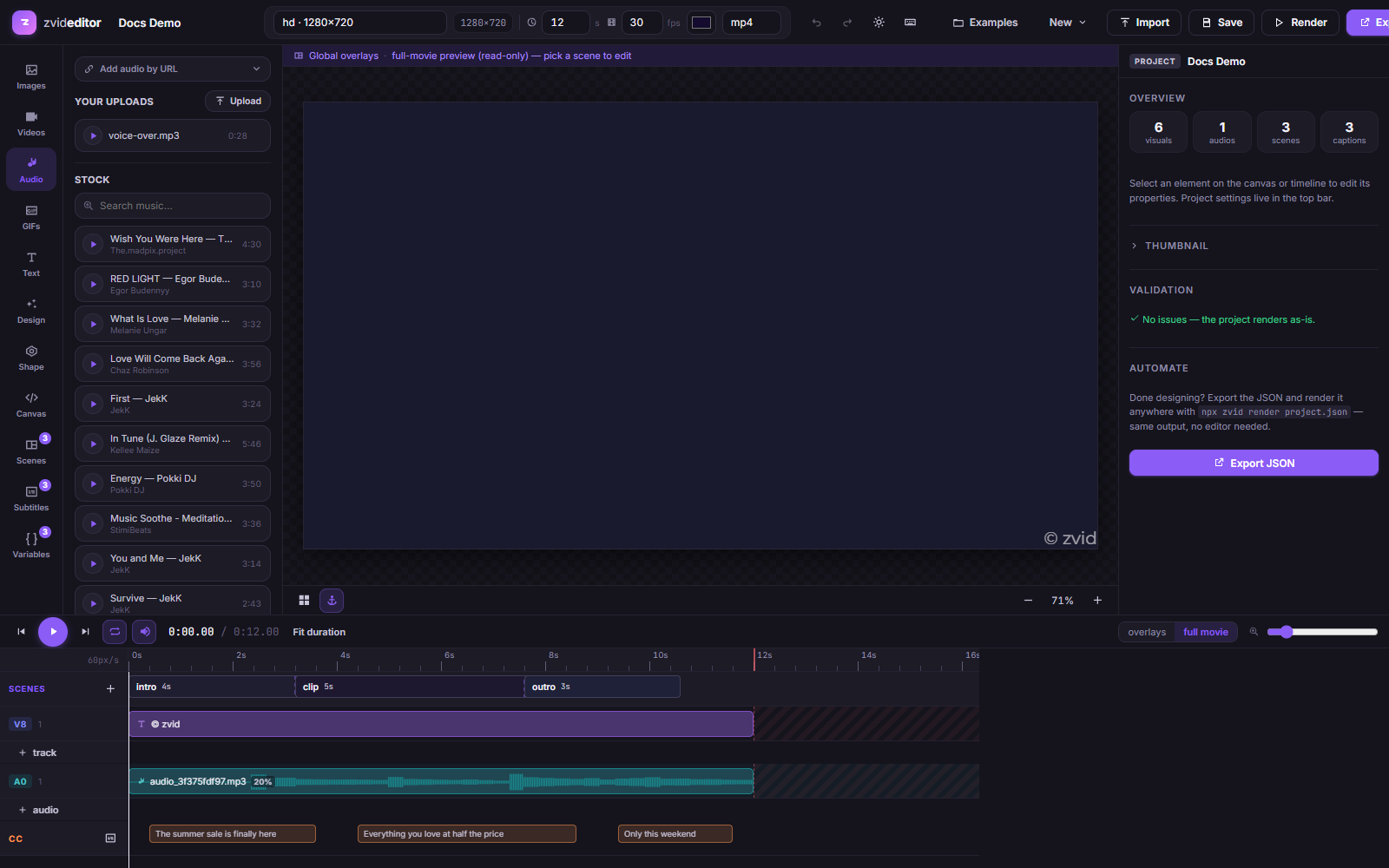 The Audio tab with Jamendo stock search