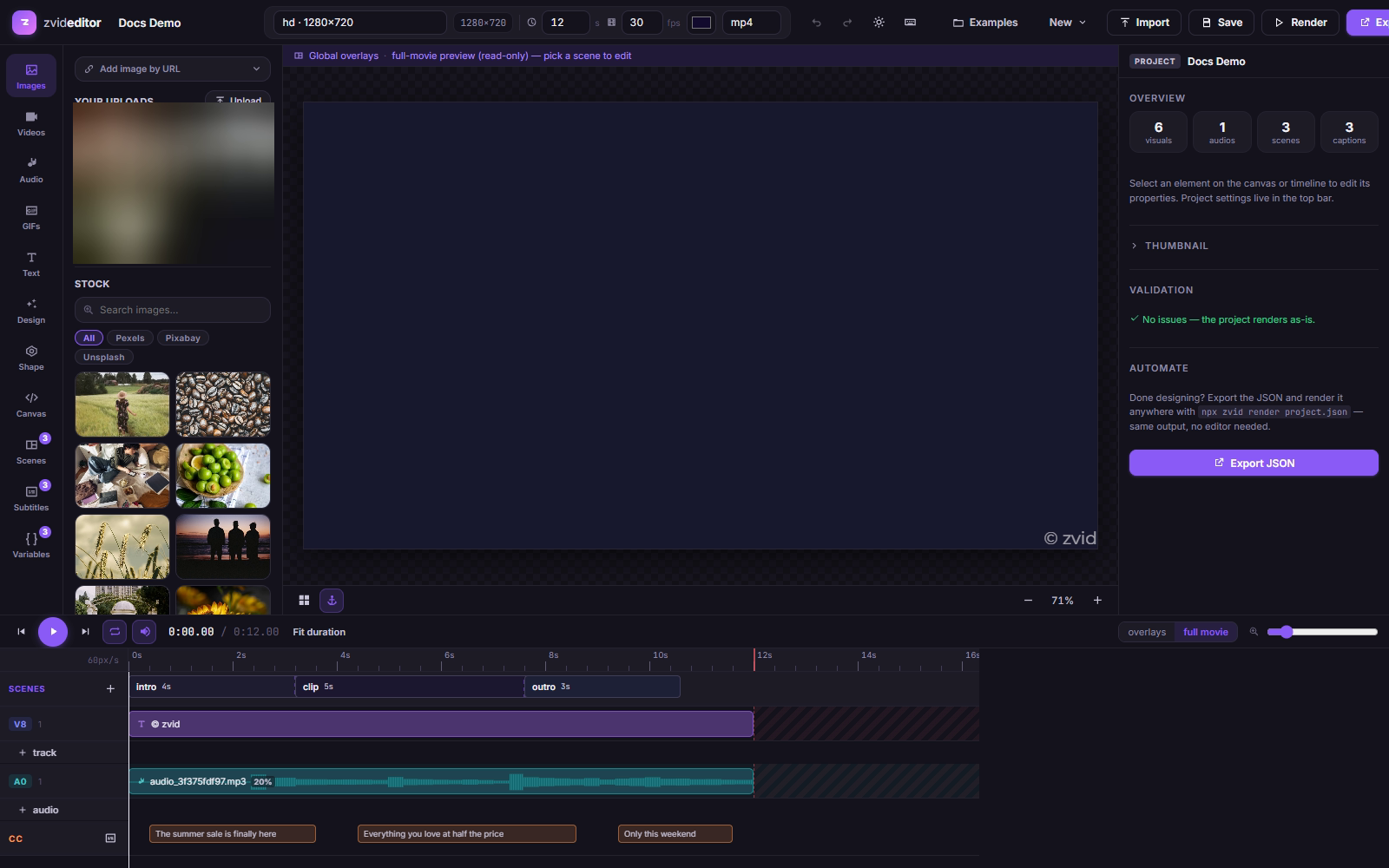 The editor with a demo project open