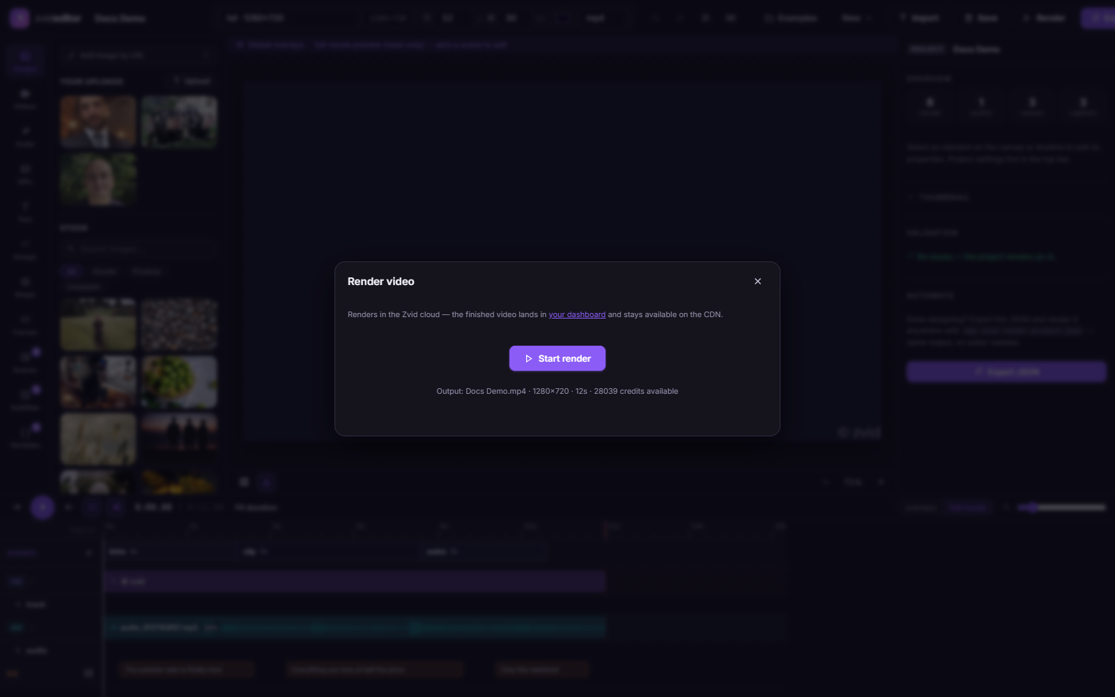 The render dialog (image mode shown: format, quality, transparency)