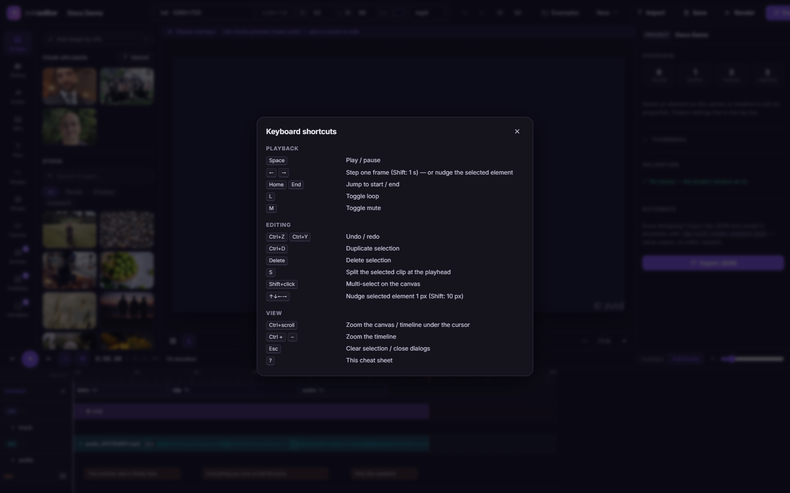 The in-editor shortcuts dialog