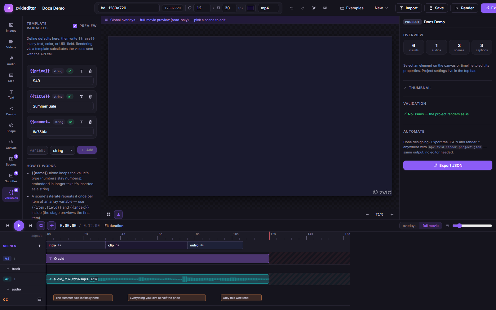 The Variables panel with the demo project's variables